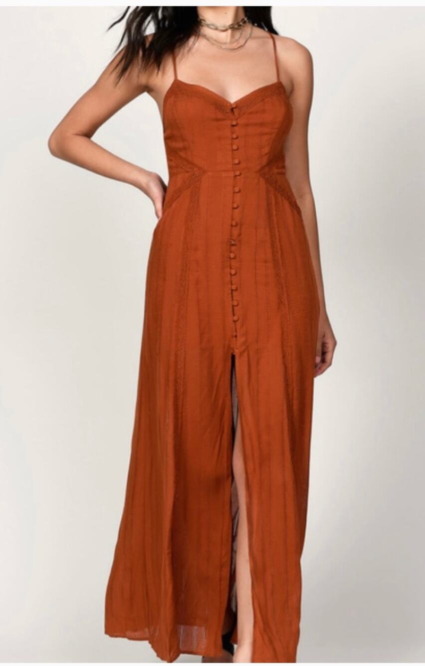 TOBI Rust Orange Button Front Maxi Dress Boho Festival Cottagecore Size Medium
